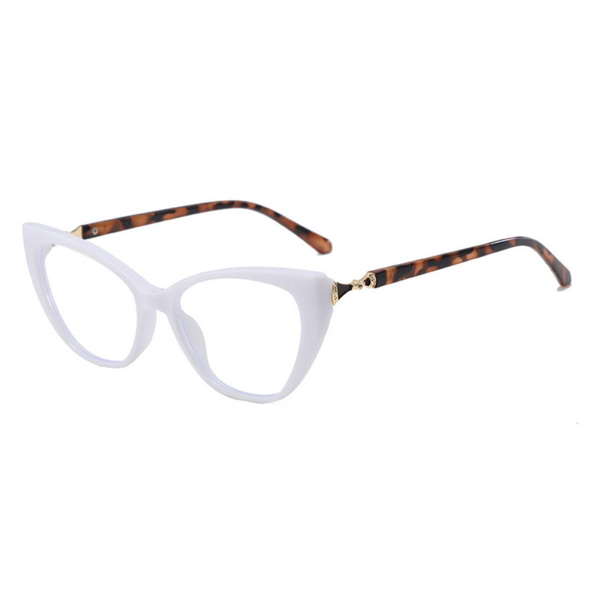 White cat eye glasses with tortoiseshell temples and gold embellishment