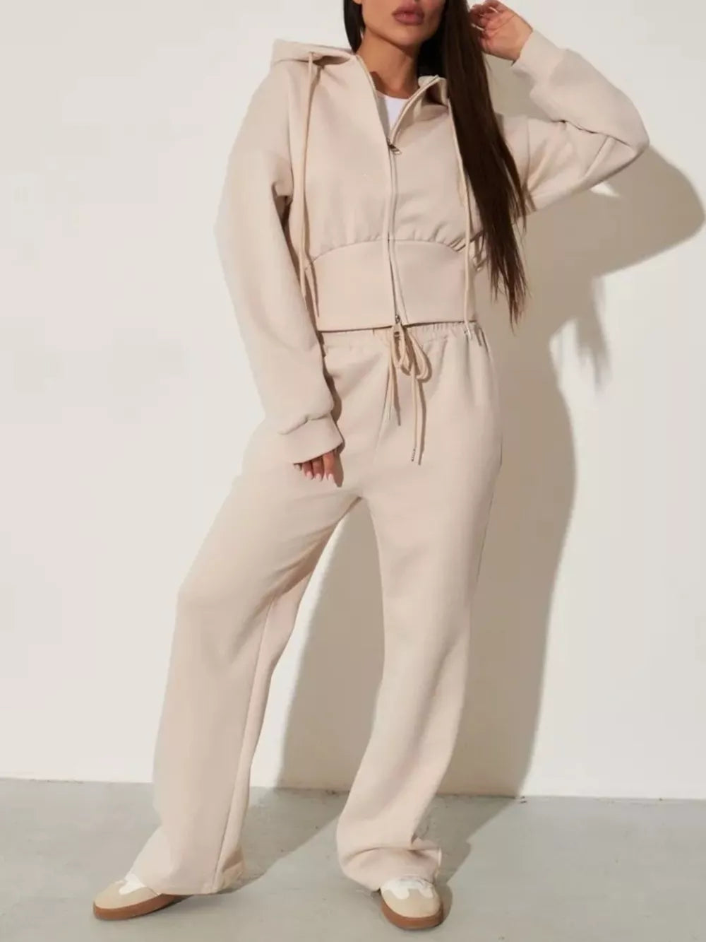Zip-up Hoodie And Wide-leg Pants Set in Pink, close-up detail
