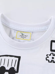 White cotton t-shirt with black construction vehicle graphic print and tag detail.