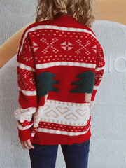 Red knit sweater with festive appliqué trees and fair isle pattern.