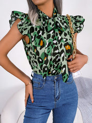 Green leopard print blouse with ruffled sleeves and pussybow tie neck