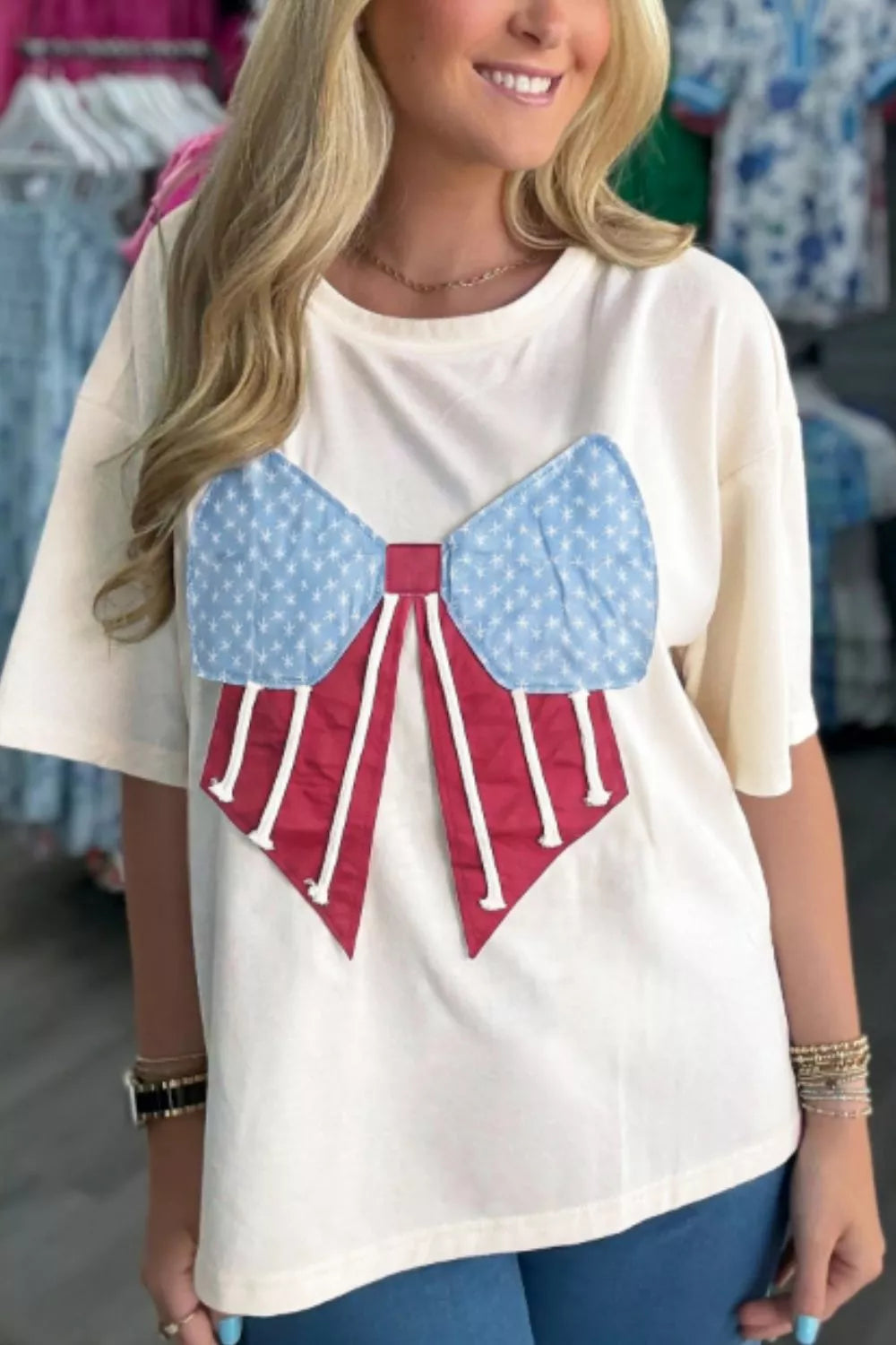 Loose Knit Vintage Flag Bow T-shirt in Cream, side view