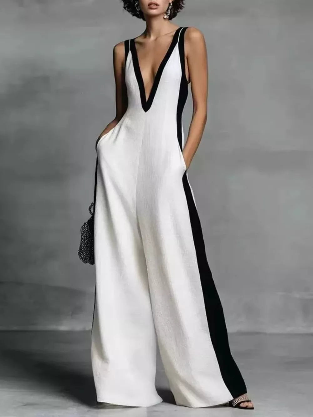 Deep V-neck Wide-leg Jumpsuit, front view