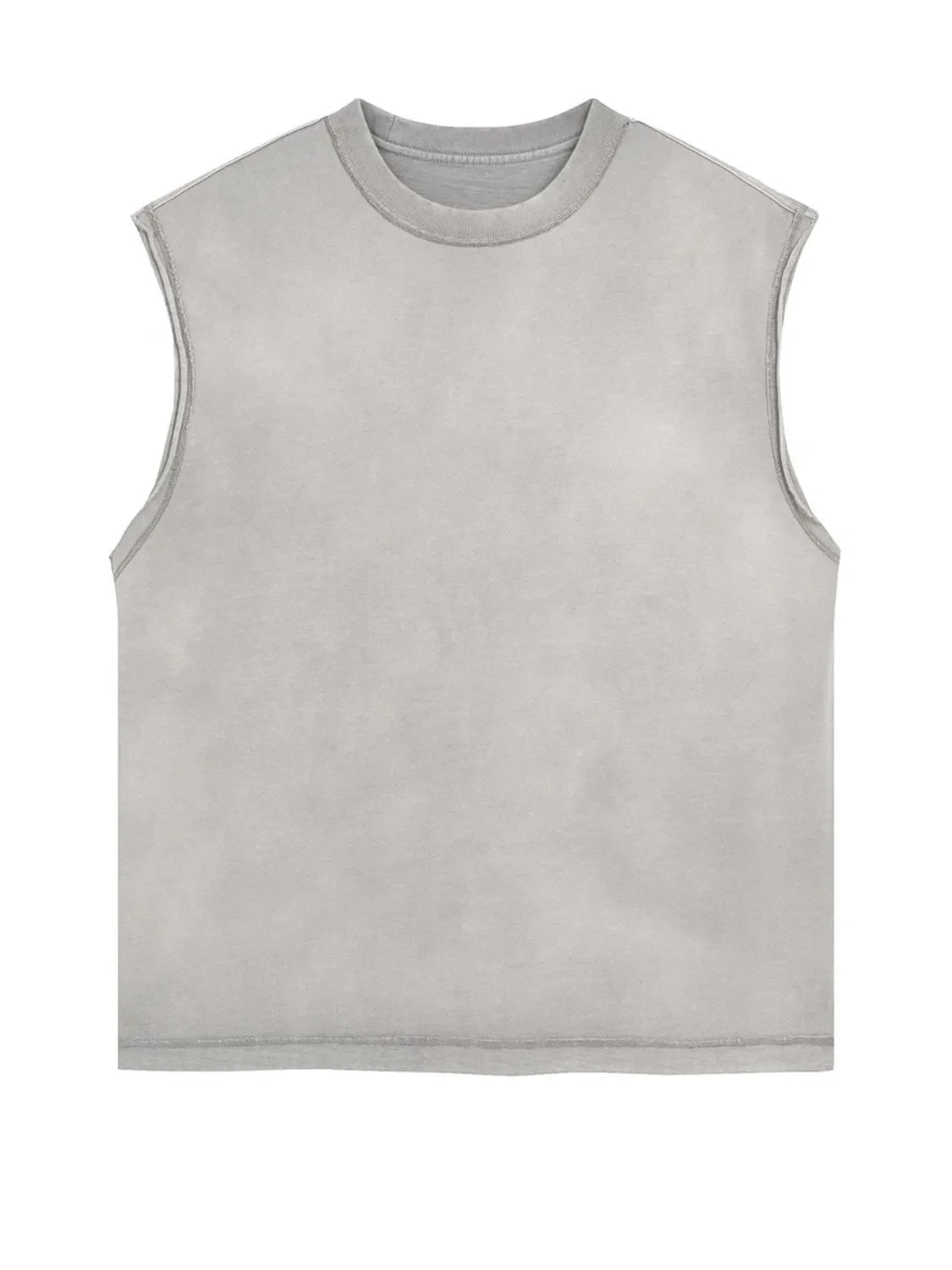 Gray washed cotton cut-off tank top with crew neck and raw hem.