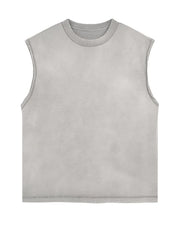 Gray washed cotton cut-off tank top with crew neck and raw hem.