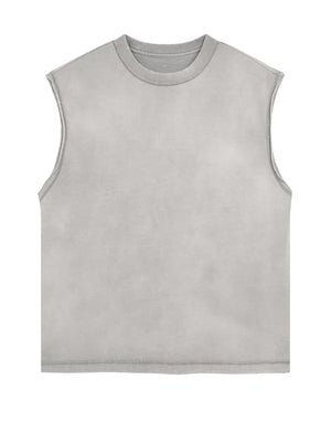 Gray washed cotton cut-off tank top with crew neck and raw hem.