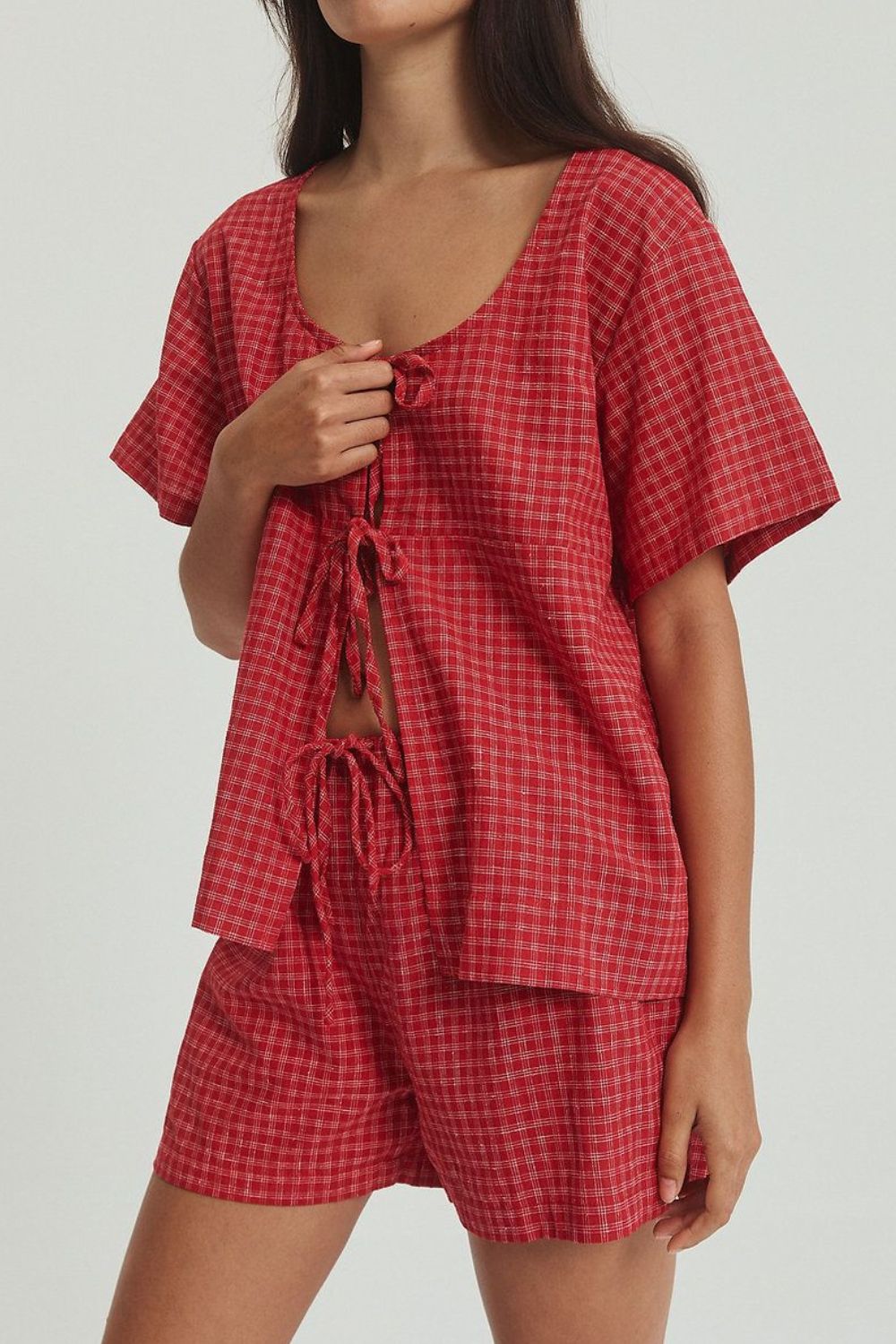 Deep red plaid cotton open-front top with tie closure and matching shorts