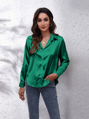 Green satin collared button-down shirt with a relaxed fit.