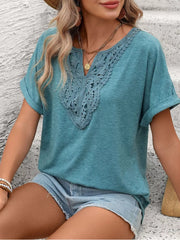 Blue-green relaxed fit t-shirt with lace-trimmed V-neck and cuffed short sleeves.