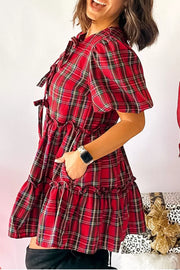 Plaid Knot Neck Short Sleeve Mini Dress in Burgundy, close-up detail