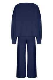 Dark Navy wide-leg lounge set with balloon sleeves and crew neck top
