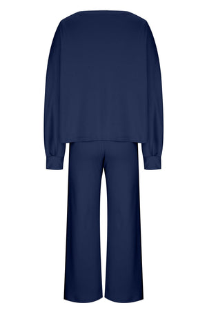 Dark Navy wide-leg lounge set with balloon sleeves and crew neck top
