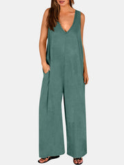 Flowing palazzo jumpsuit in matcha green with V-neck and side pockets