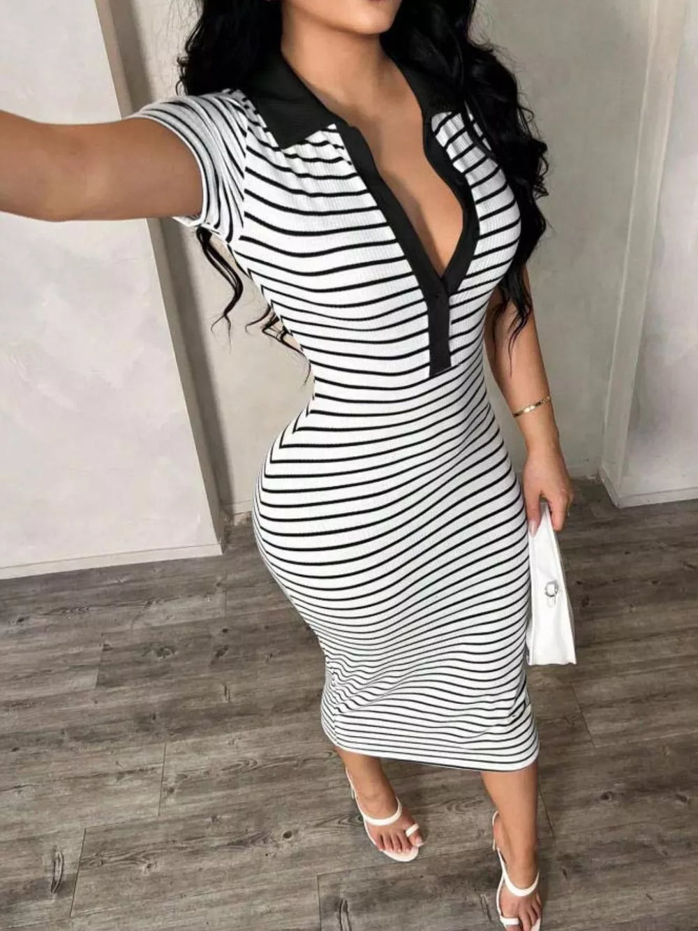 Black and white striped polo midi dress with button detail and collar