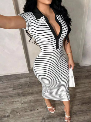 Black and white striped polo midi dress with button detail and collar