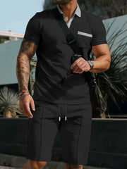 Black polo shirt and shorts set with grey collar detail.