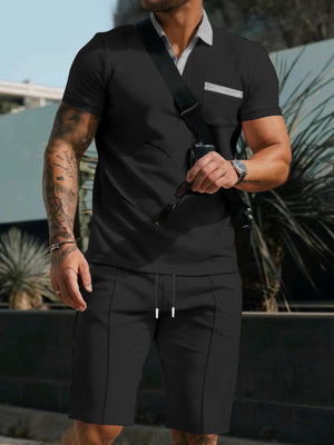 Black polo shirt and shorts set with grey collar detail.