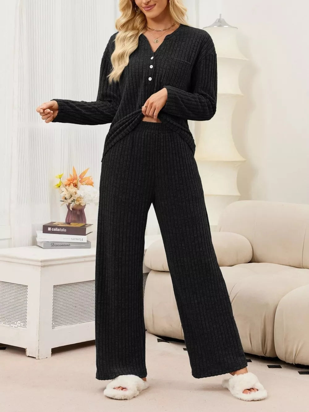 dusty blue pajama set with half-button, elastic and ribbed