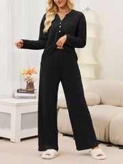 dusty blue pajama set with half-button, elastic and ribbed