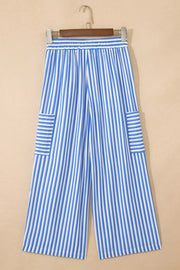 Blue and white striped maternity pants with wide legs and pockets.