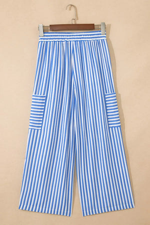 Blue and white striped maternity pants with wide legs and pockets.