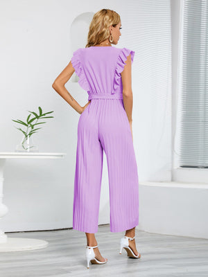 Pink purple pleated ruffle wrap jumpsuit with belt and wide legs.