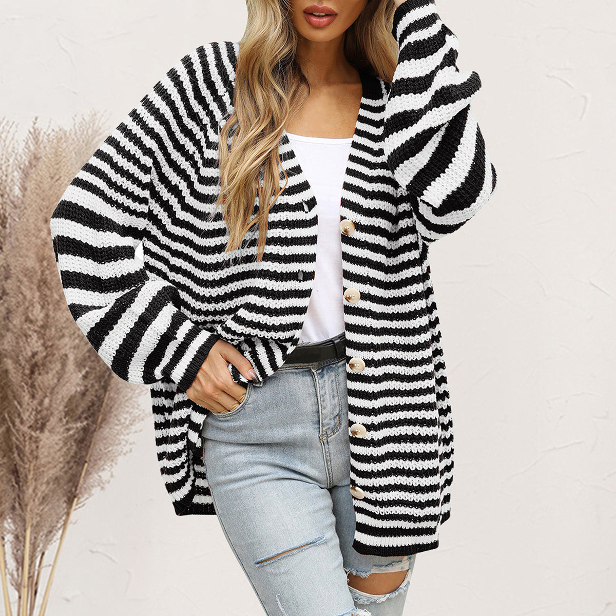 Black and white stripe button-up knit cardigan with wooden buttons
