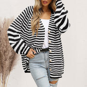 Black and white stripe button-up knit cardigan with wooden buttons