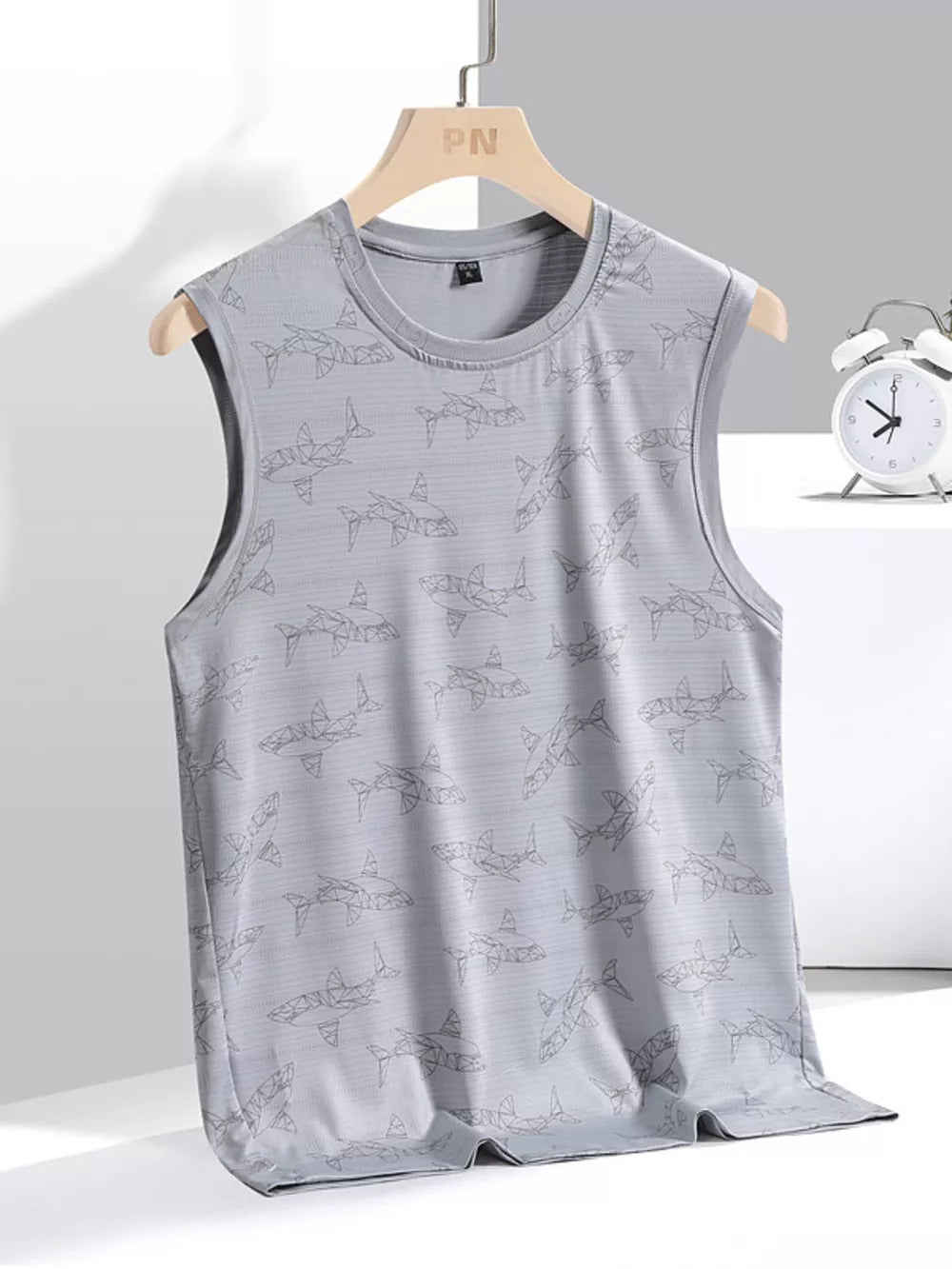 Men's grey 100% polyester round neck tank top with a geometric shark print.