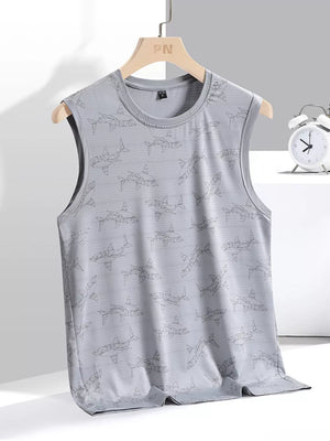 Men's grey 100% polyester round neck tank top with a geometric shark print.
