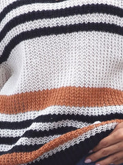 Casual striped knit sweater with color block accents in white, navy, and rust acrylic.