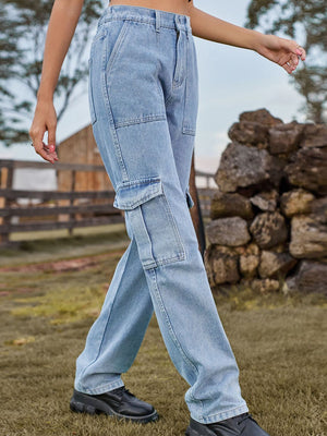 Light wash denim straight leg cargo pants with multiple pockets.