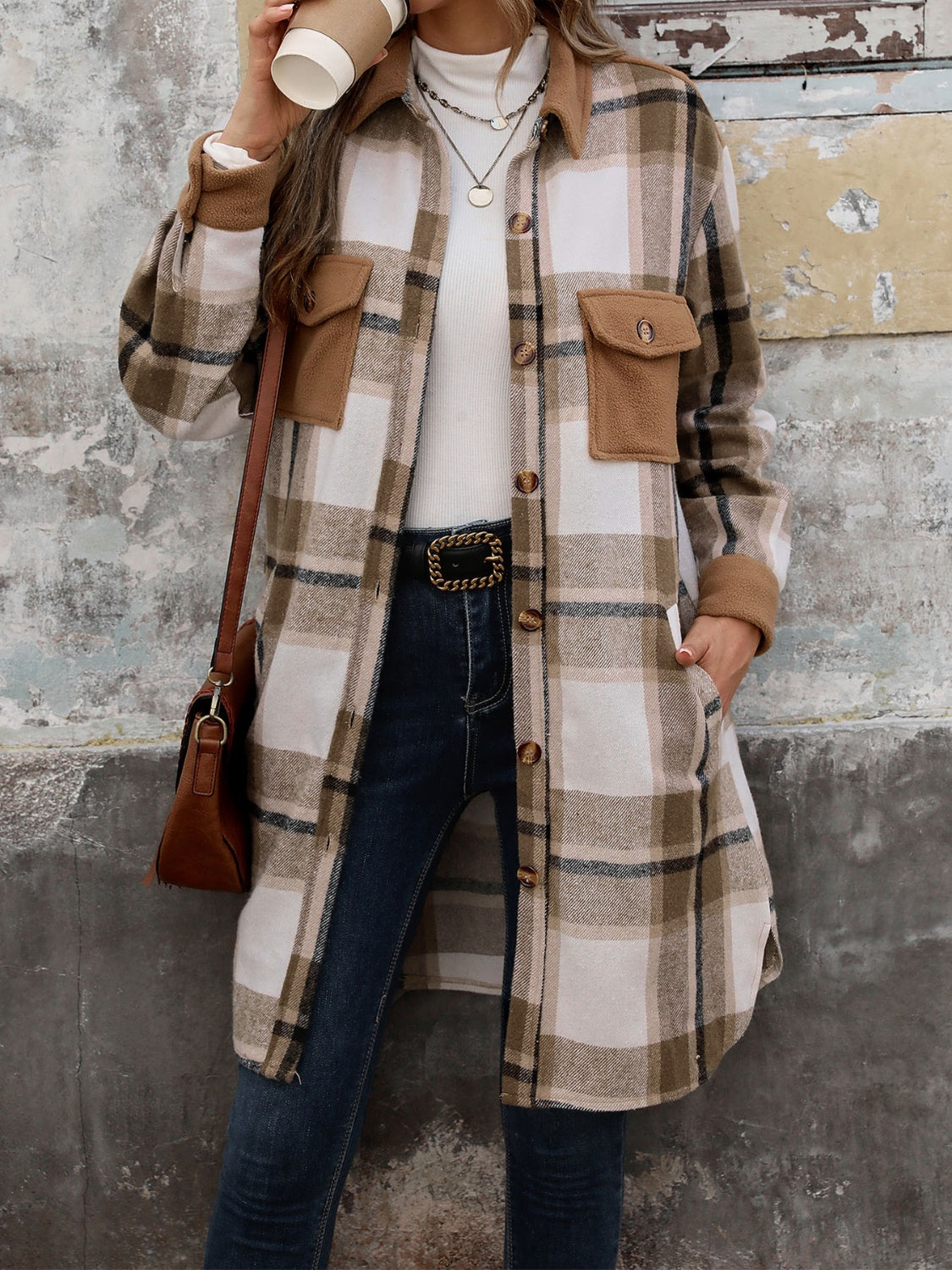 Tonal plaid shacket with sherpa collar and cuffs in coffee brown, button front, chest pockets.