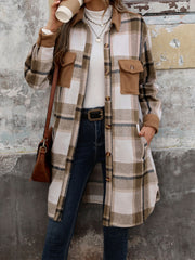 Tonal plaid shacket with sherpa collar and cuffs in coffee brown, button front, chest pockets.