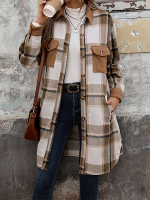 Tonal plaid shacket with sherpa collar and cuffs in coffee brown, button front, chest pockets.