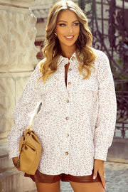 Leopard print overshirt with patch pockets, collared, button-down, long sleeves, and a relaxed fit.