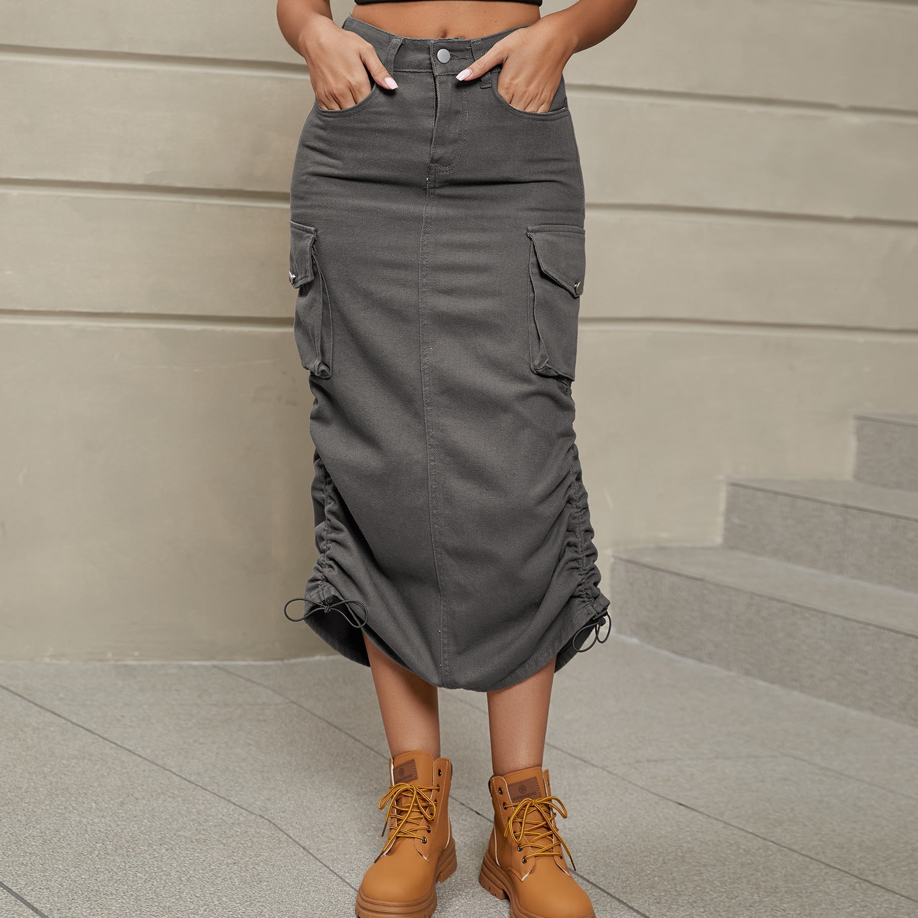 Mid gray cargo denim midi skirt with adjustable ruching detail