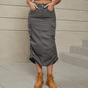 Mid gray cargo denim midi skirt with adjustable ruching detail