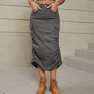 Mid gray cargo denim midi skirt with adjustable ruching detail