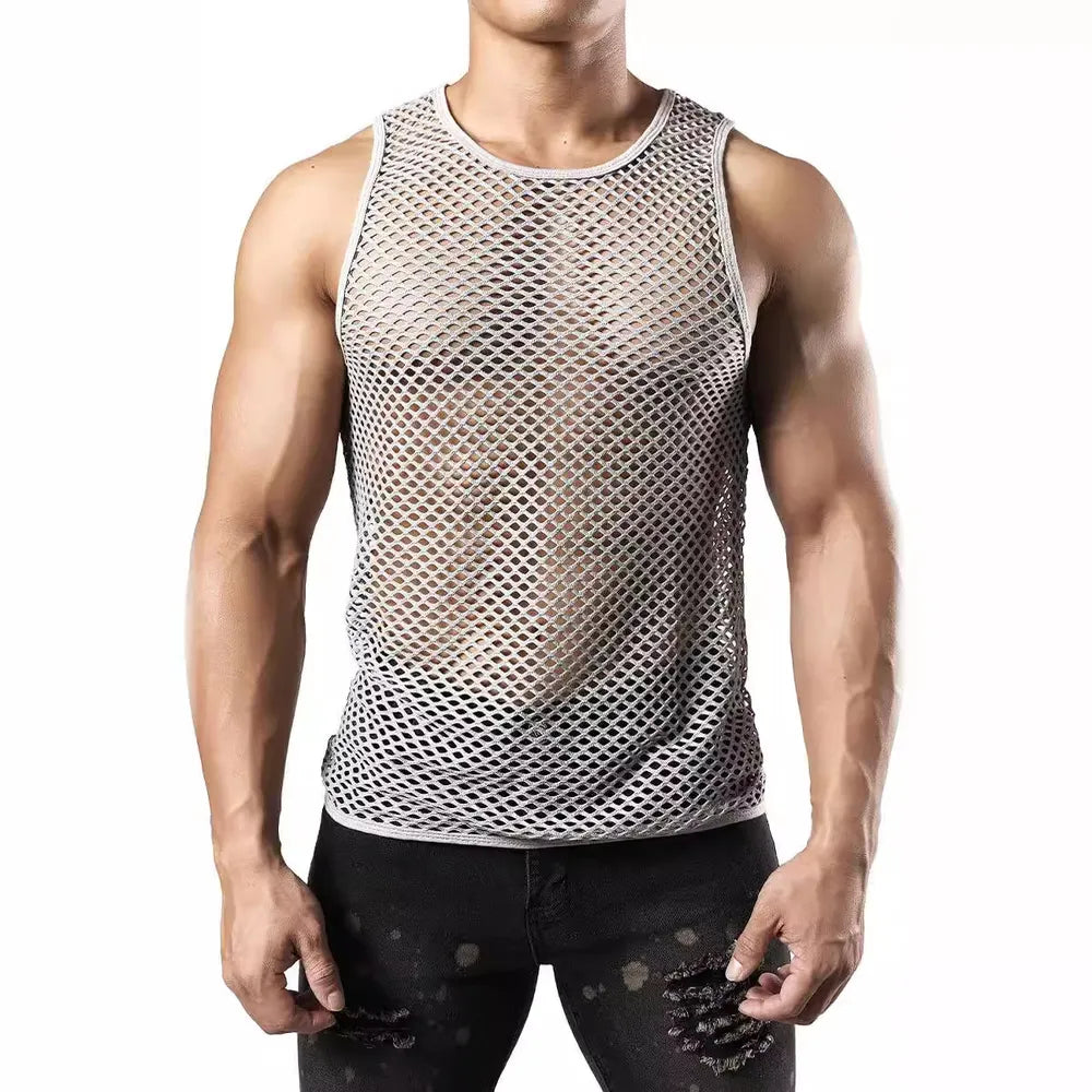Gray open-knit muscle tank top with crew neck and sleeveless cut.