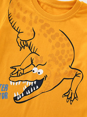 Yellow toddler t-shirt with a playful alligator graphic and dotted texture.