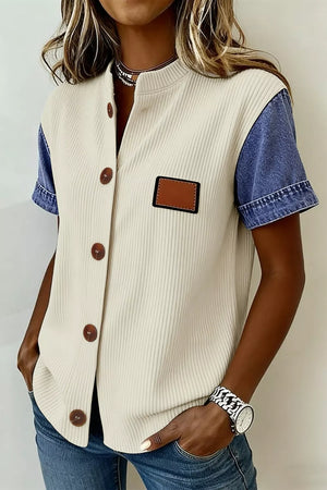 Ribbed knit maternity shirt with short denim sleeves, button front, and faux leather patch detail.