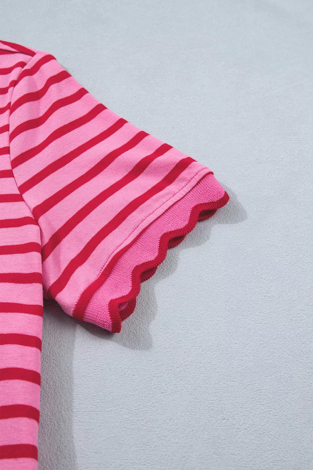 Pink and red striped maxi tee dress with scalloped trim sleeves