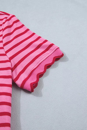 Pink and red striped maxi tee dress with scalloped trim sleeves