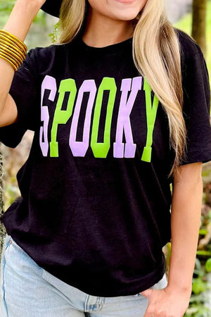 Black t-shirt with green and purple SPOOKY graphic text