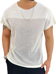 Ivory open knit boxy t-shirt with short sleeves and a crew neck.