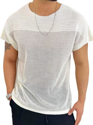 Ivory open knit boxy t-shirt with short sleeves and a crew neck.
