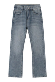 Relaxed wash medium blue denim jeans with a straight leg cut and classic five-pocket styling.