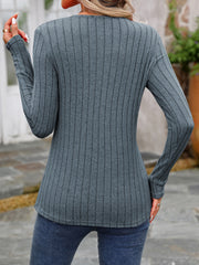Gray ribbed knit long sleeve top with round neck and button detail