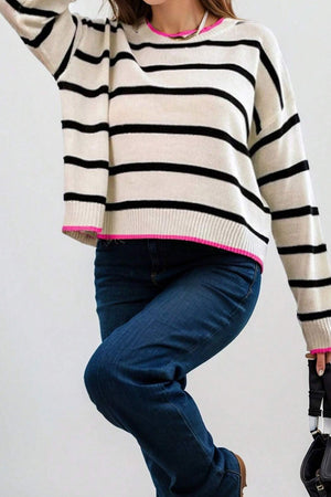 Contrast Trim Breton Knit sweater in stripe with black horizontal stripes and pink trim.